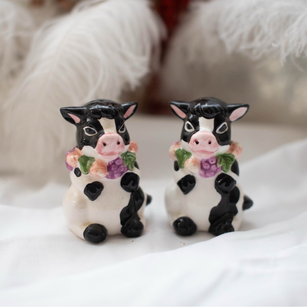 Cute Cow Salt and Pepper Shakers with Floral Accents
